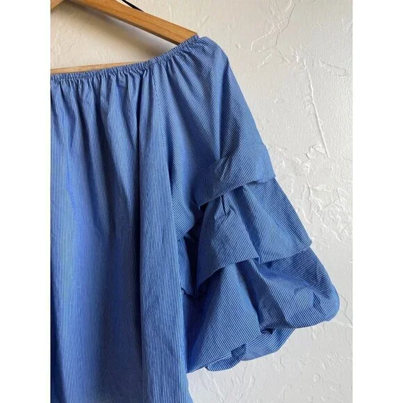 ZARA Woman Size Small Cobalt White Pinstripe Off the Shoulder Cropped Top - Picture 7 of 10